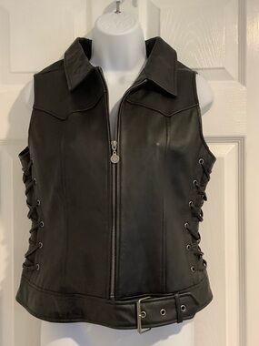 THALIA SODI Black 100% Leather Lace Up Motorcycle Rocker Glam Moto Vest M